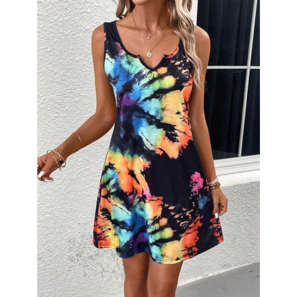 Rainbow Tie Dye Tank Dress Gradient Black Sleeveless Notch V-Neck Mini